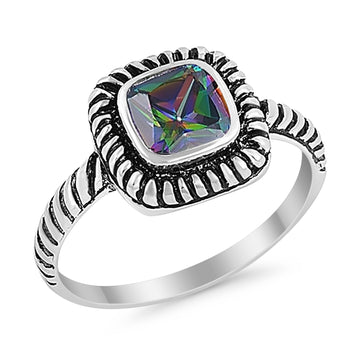 Princess Cut Simulated Rainbow Cubic Zirconia Oxidized Design Ring 925 Sterling Silver